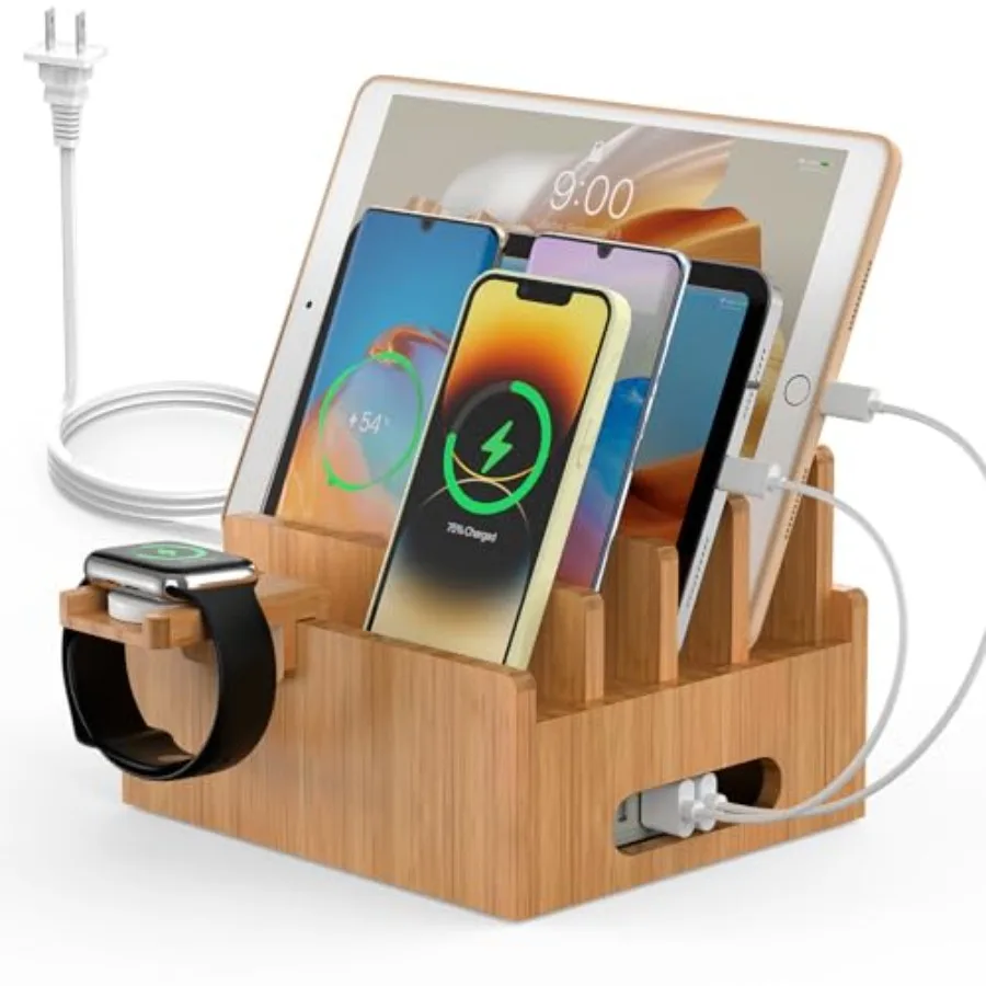 

Bamboo Charging Stations, Cell Phone Organizer for Multiple Devices, Tablets, Smart Watch, Included 5 Port USB Charger, Pack 5