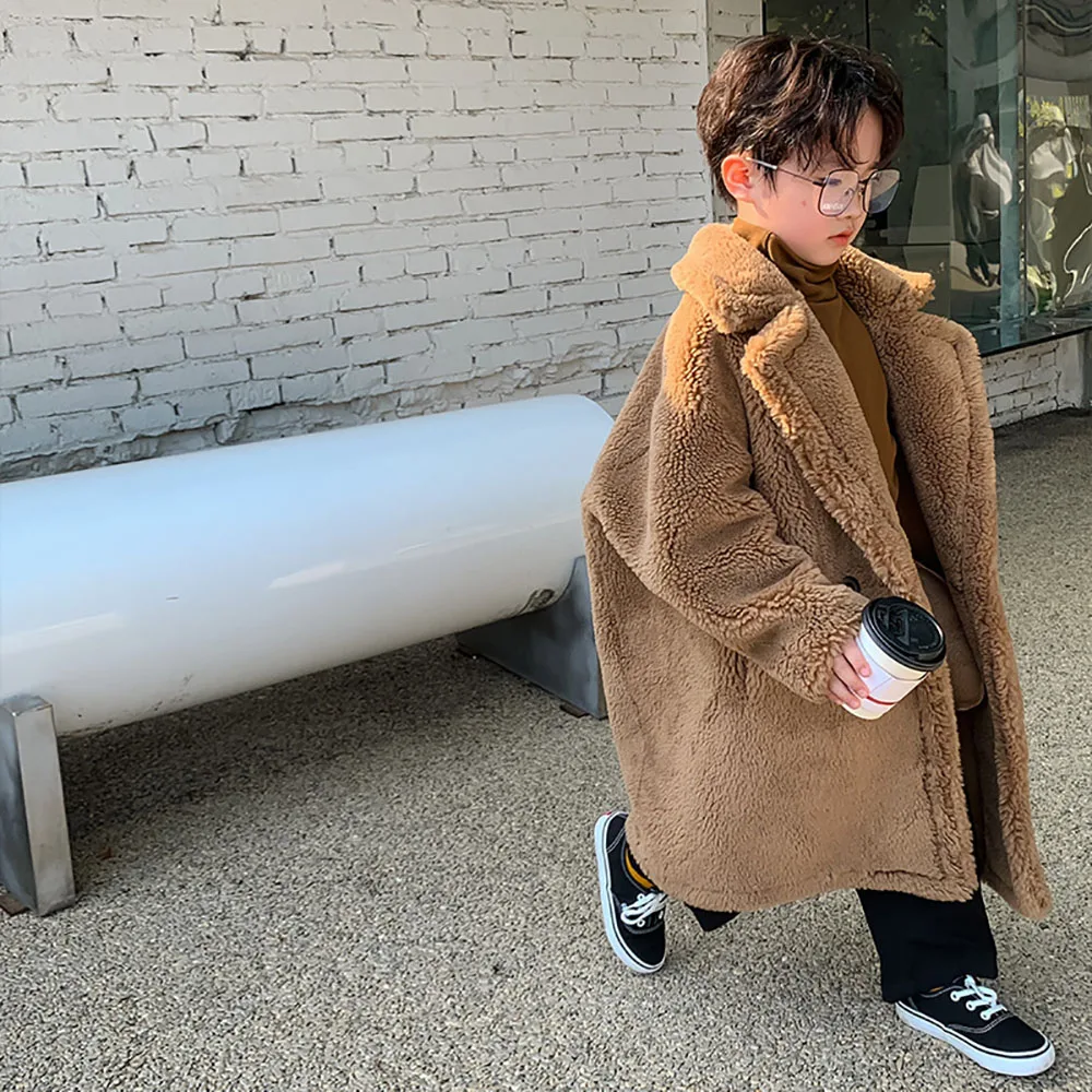 Children's Lambwool Outerwear 2022 NewTeddy Bear Thick Warm Kids Long Coat Korean Solid Loose Casual Boys Girls Winter Coat