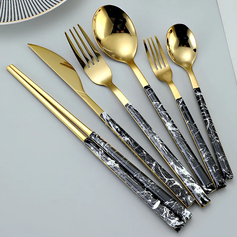 Stainless Steel Western Dining Set Korean Clip Handle Imitation Marble Patterned Steak Knife Fork Spoon Fruit Dessert Spoon - view 3