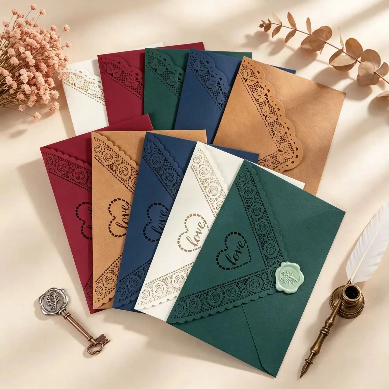 20pcs Elegant Lace Carved Triangle Envelopes17.3x11cm Western Cardstock for Wedding Invitations Love Letters Party Business