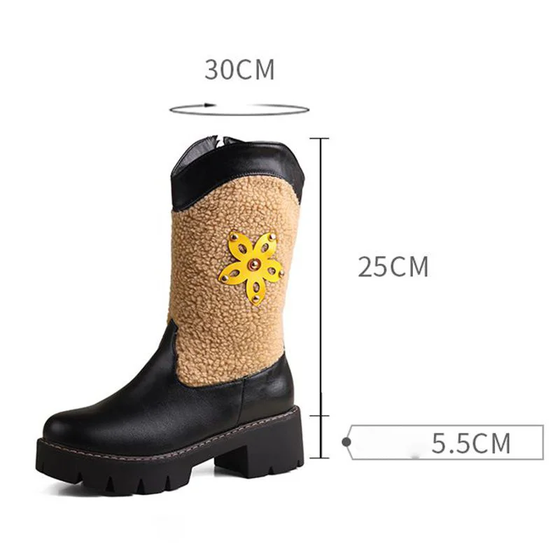 ASILETO Fashion Women Boots Round Toe Block Heels 5.5cm Platform Zipper Mixed Rivets Flower Big Size 42 43 Retro Mid Calf Bota