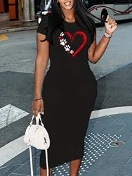 Summer Love Cat Footprints print short sleeved women's sexy dress Polyester Breathable Short Sleeve Round Neck Solid Color