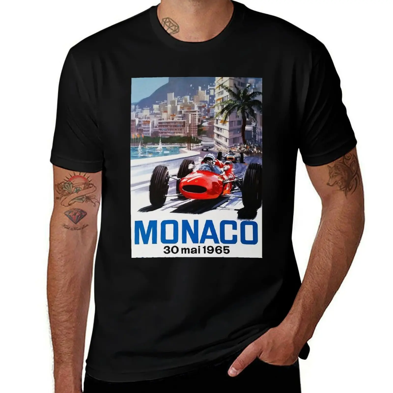 Gran Prix de Monaco 1965, vintage poster, car poster, black bg T-Shirt Trendy Print Short Sleeve T-Shirt