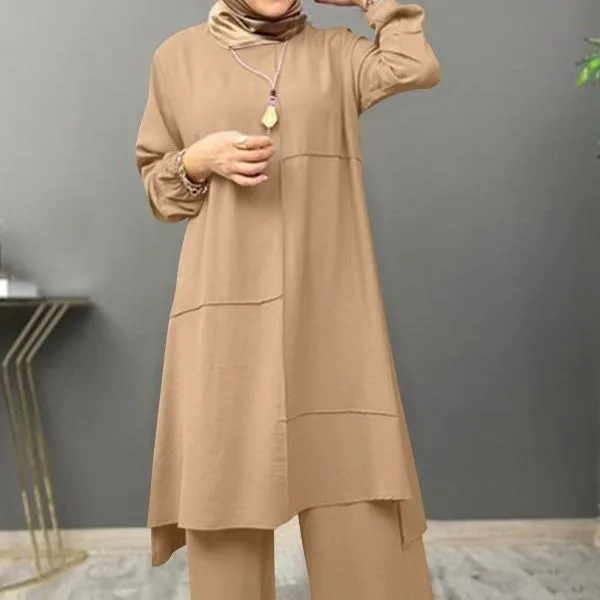 New Casual Long Sleeves Muslim Sets O-Neck Turkish Blouse Wide Leg Pant Suit Casual Solid Women Matching Set Ladies Outfits 2ps