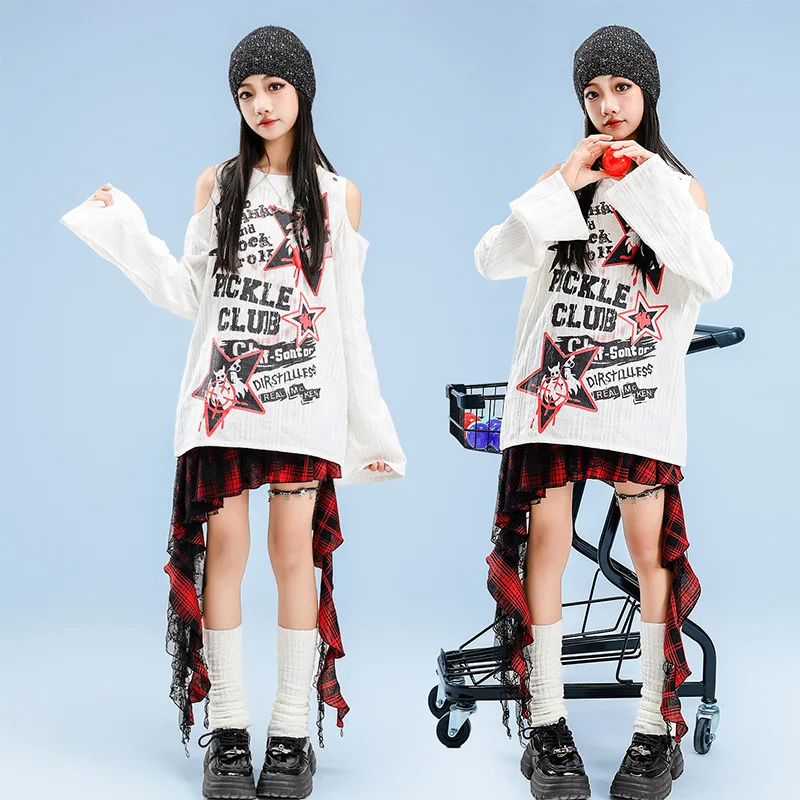

Kid Kpop Hip Hop Clothing White Letters Print Off Shoulder T Shirt Long Sleeve Top for Girls Jazz Dance Wear Costumes Clothes
