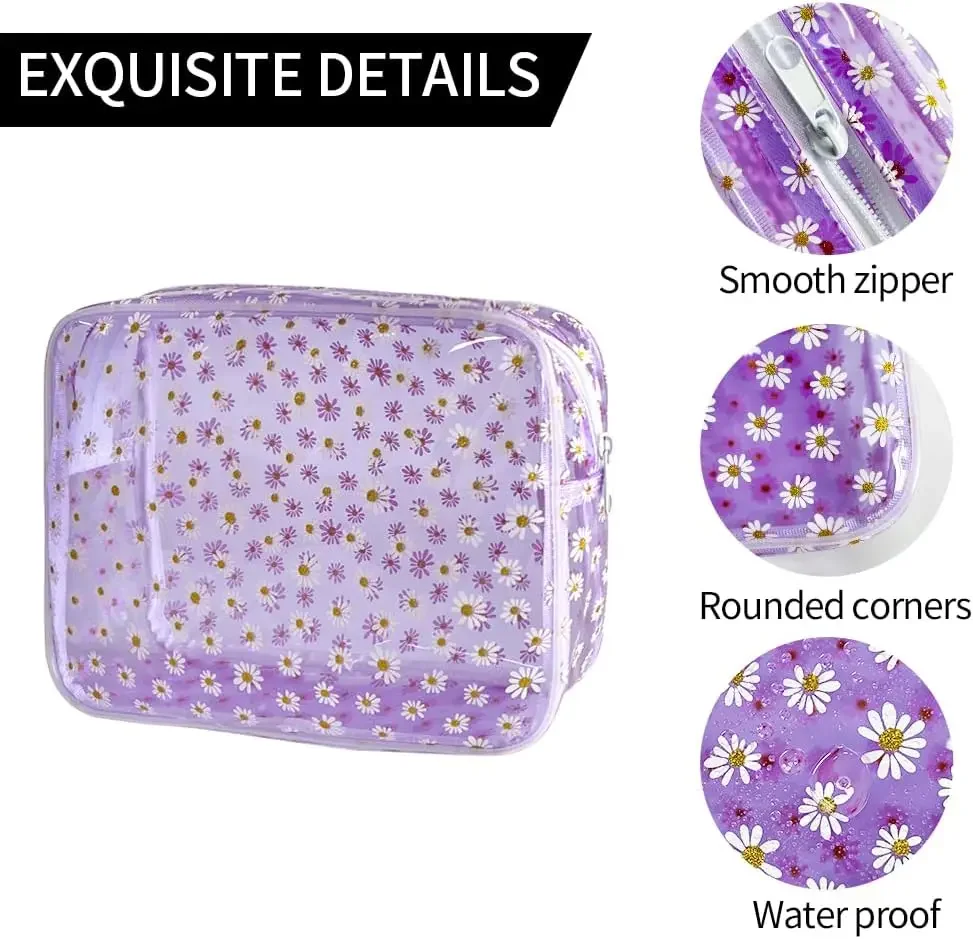 3pcs Clear Makeup Bags Clear Women Cosmetic Bag with Zipper Daisy Beauty Case Make Up Organizer Storage Bath Toiletry Wash Bag