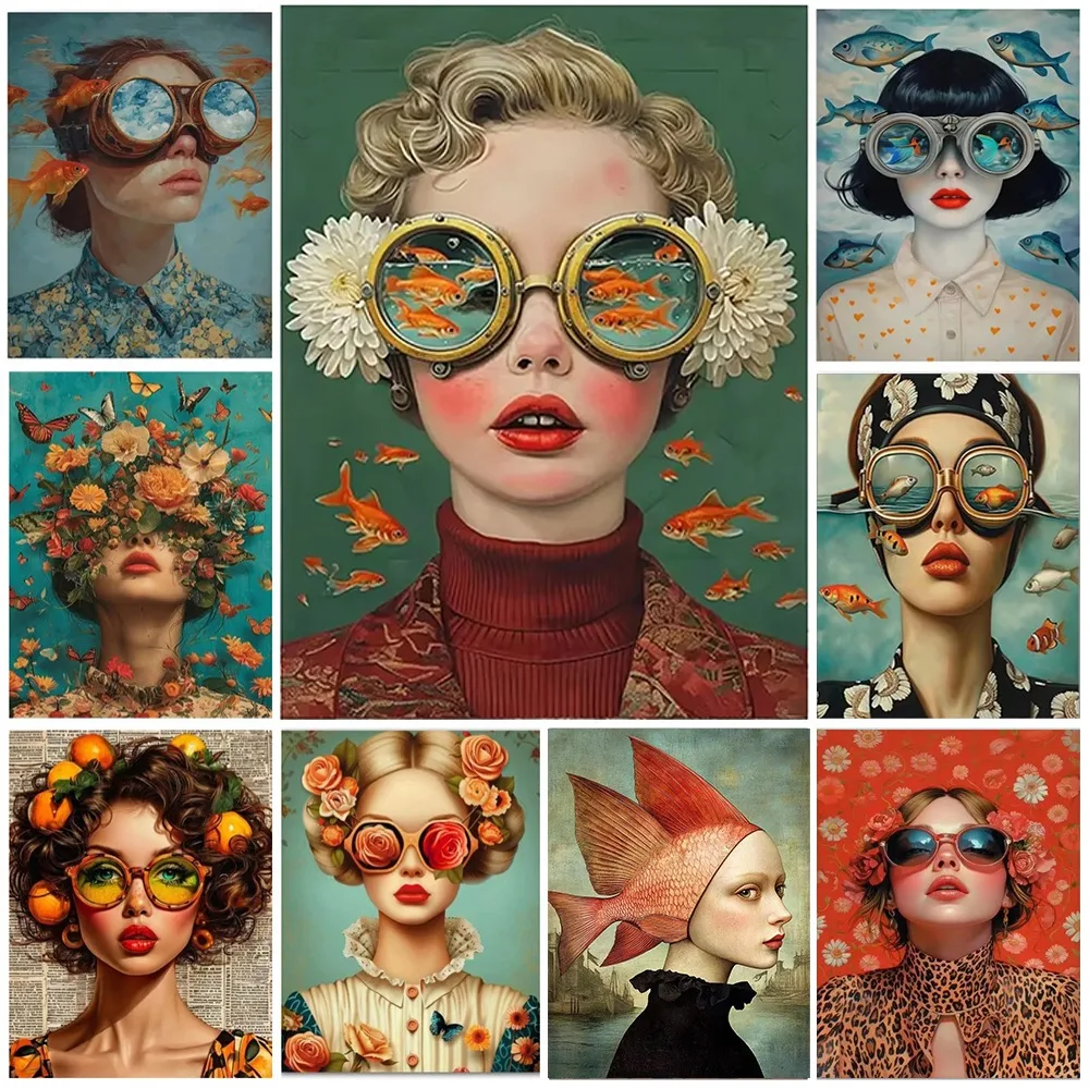Surrealism Woman Portrait Canvas Paintings Surreal Goldfish Girl Poster and Prints Picture Wall Art for Living Room Home Decor