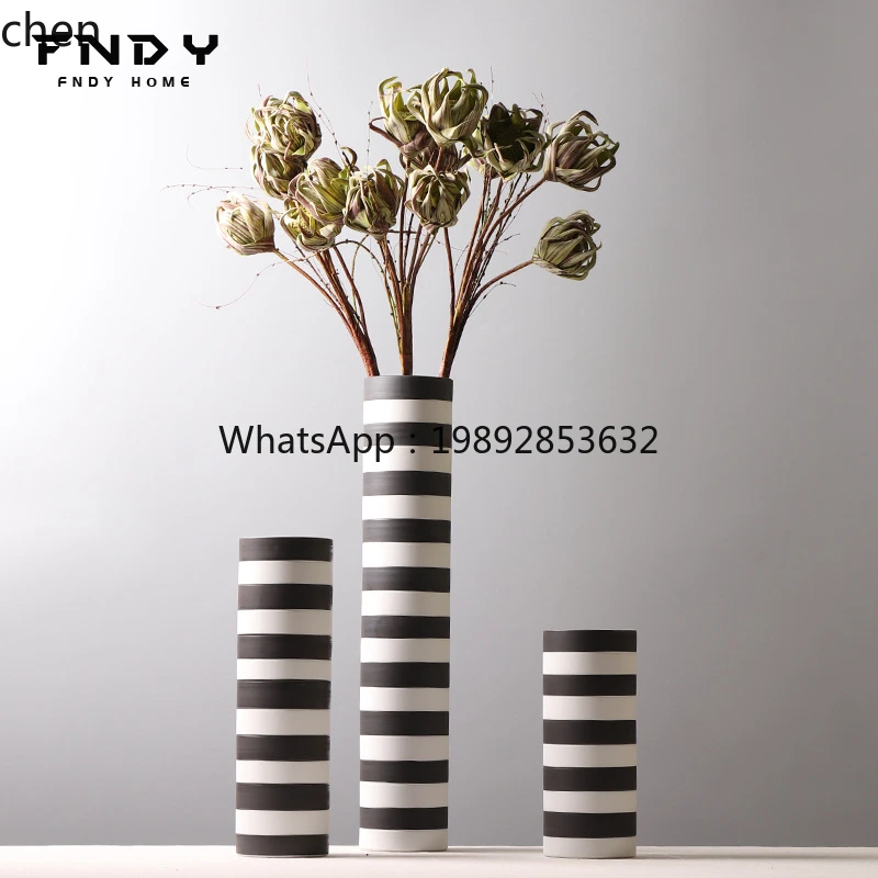 HT Black and White Striped Ceramic Vase Nordic Modern Flower Arrangement Ornament Jingdezhen Hand-painted Decoration
