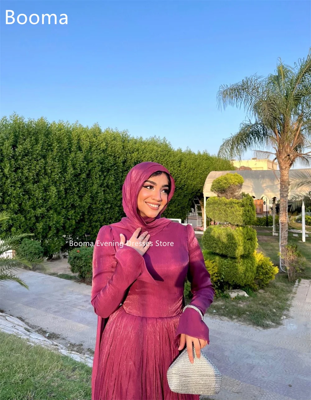 Booma brilhante a linha sem alças plissado vestidos formais de festa para mulheres o-pescoço manga cheia vestido de baile personalizar 2025