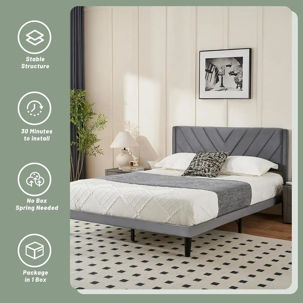 Grey Velvet Headboard Full Platform Bed Frame with Wooden Slats, Metal Structure, Easy Assembly, No Box Spring Needed