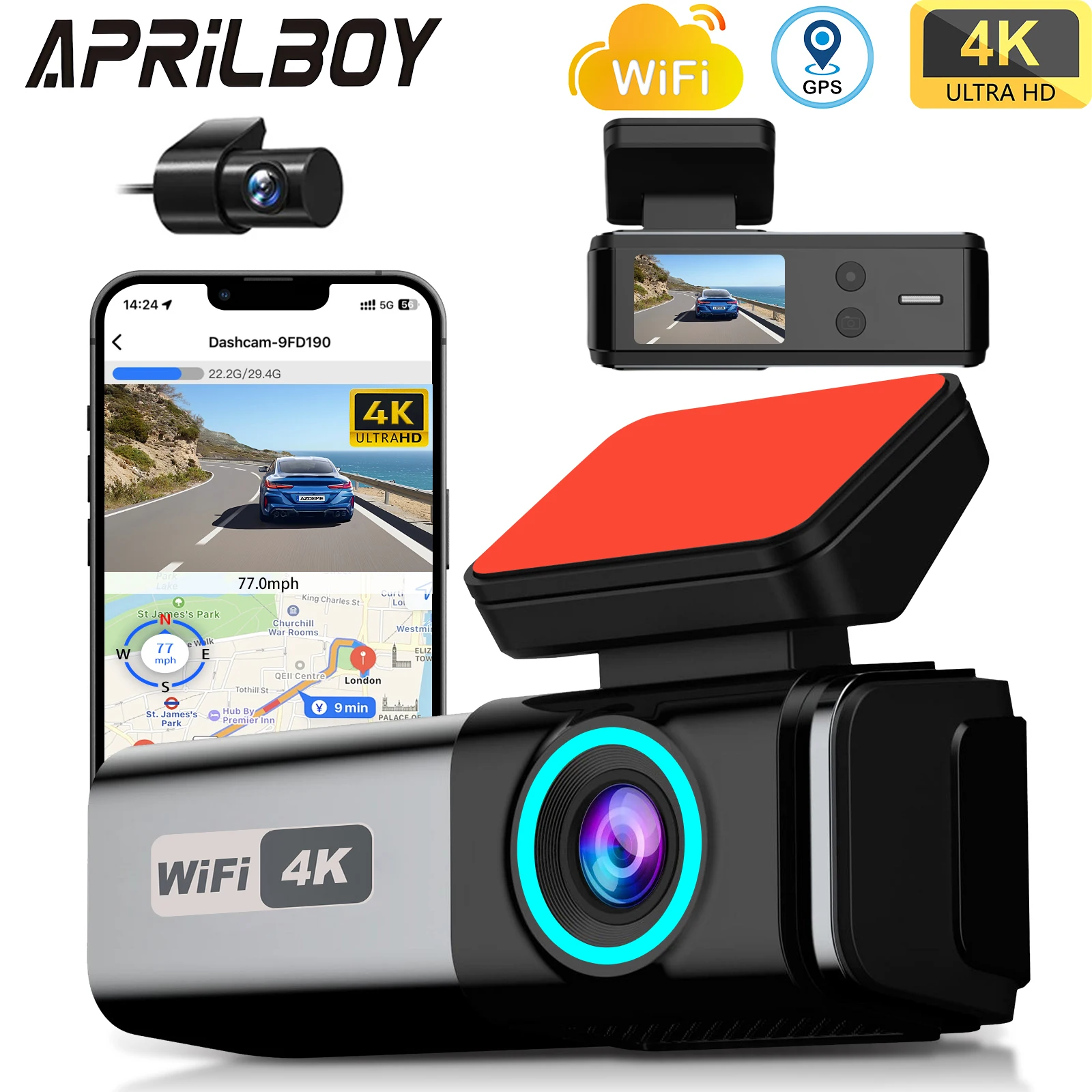 Aprilboy 4K WIFI Dash Cam 2160P Car DVR Front and Rear Dual Lens Auto Car Camera with Night Vision G-Sensor 24H Parking Monitor