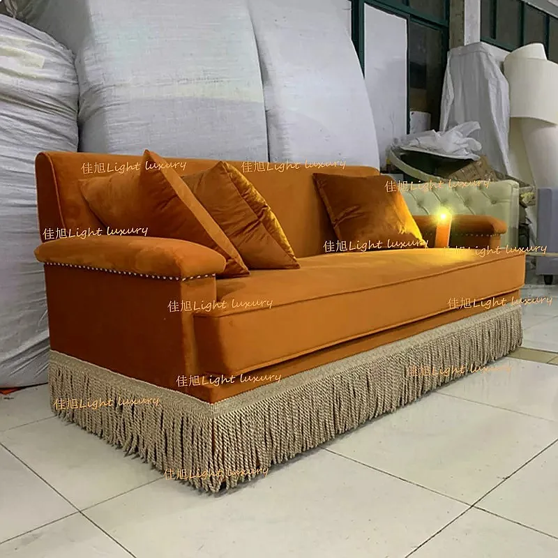Vintage Orange Velvet 3-Seater Sofa with Removable Washable Cover, Designer Fringe Tassel Retro Furniture for Living Room