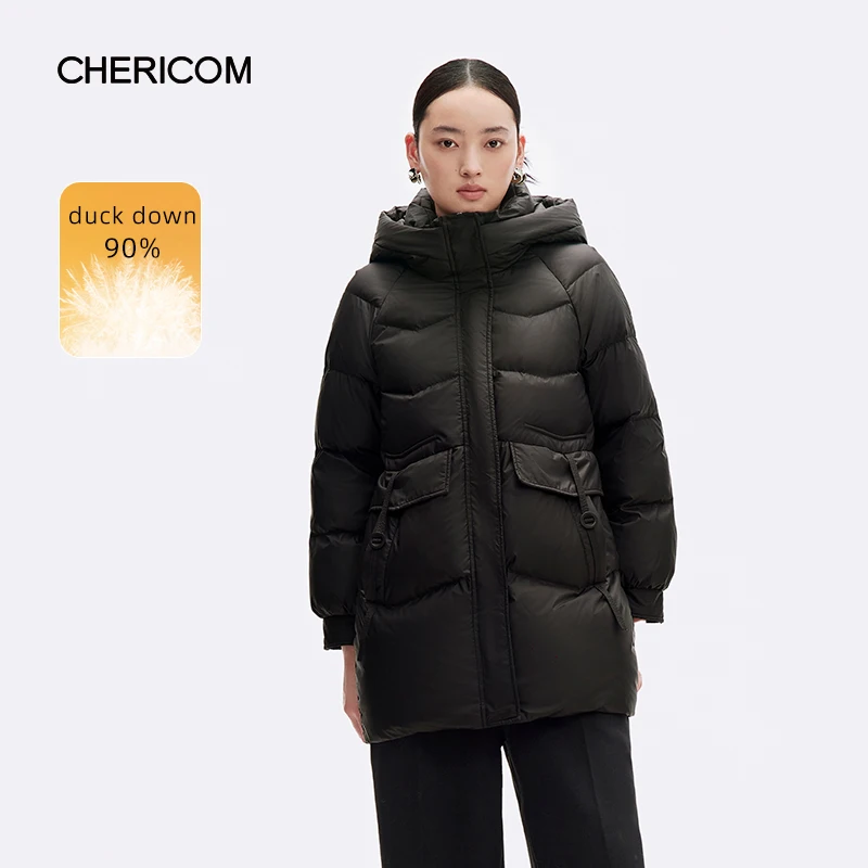 Chericom Korean version of fashion solid thickened pocket hooded down jacket winter women's warm thin commuter coat  299179