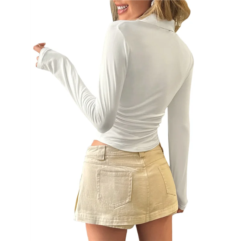 

FX-Women's Long Sleeve Shirt Lapel V-Neck Slim Fit Ribbed Knit Fashion Skinny