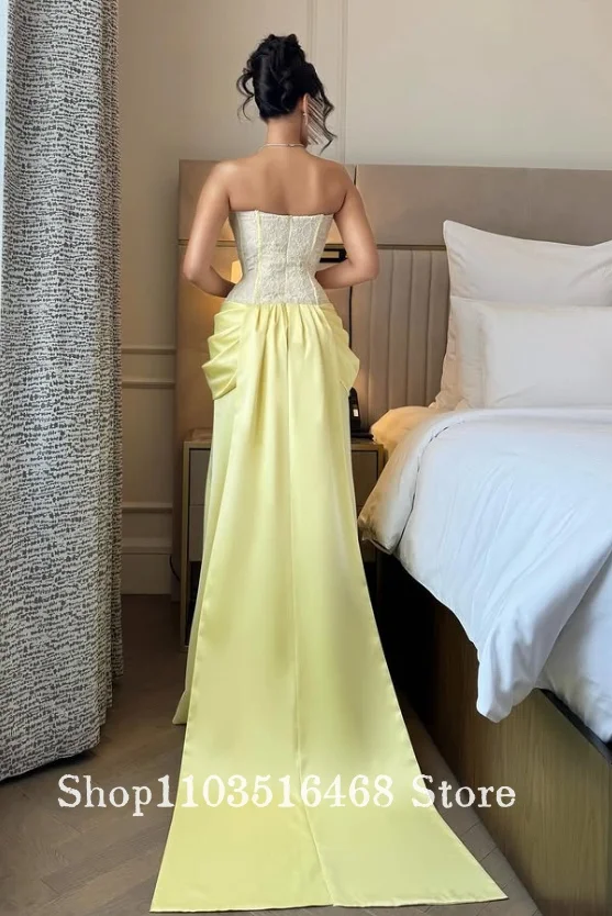 Vestido de fiesta personalizado de Oriente Medio, vestido estilo corsé de encaje sin tirantes, vestido de noche sencillo y elegante de color amarillo pálido, ocasiones formales