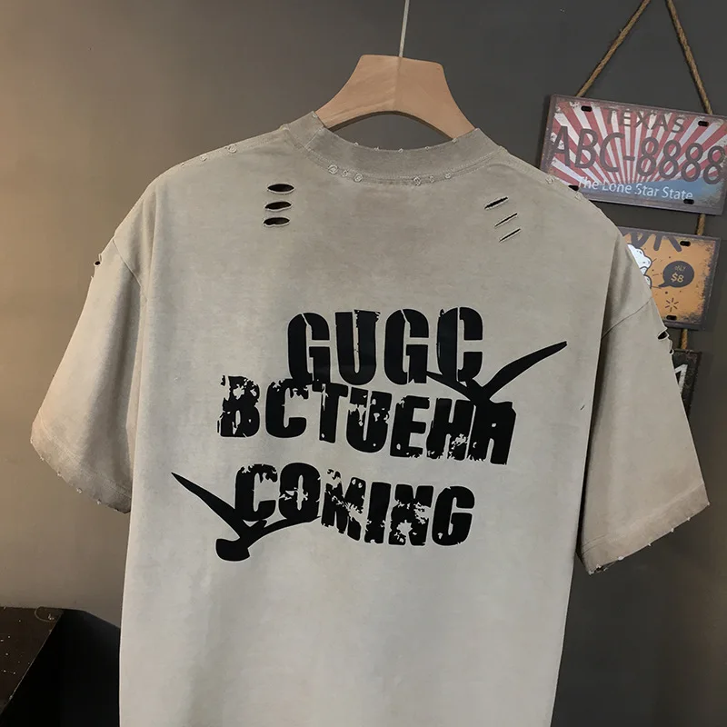 

Broken hole wasteland style retro short sleeved t men's 2025 new trend printed street casual fashion nostalgic men's clothing