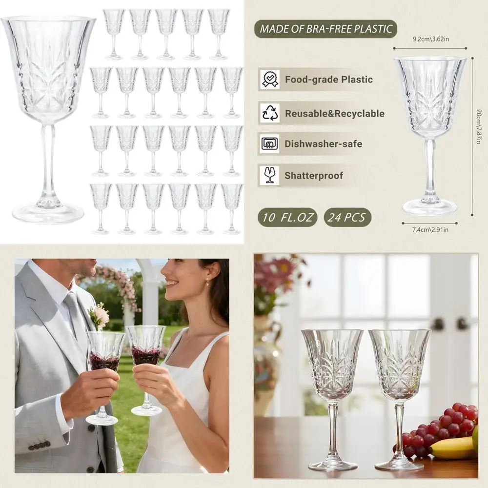 

Set of 24 Clear 10oz Plastic Wine Glasses, Stemmed, Unbreakable, Reusable, BPA-Free, Ideal for Parties and Weddings