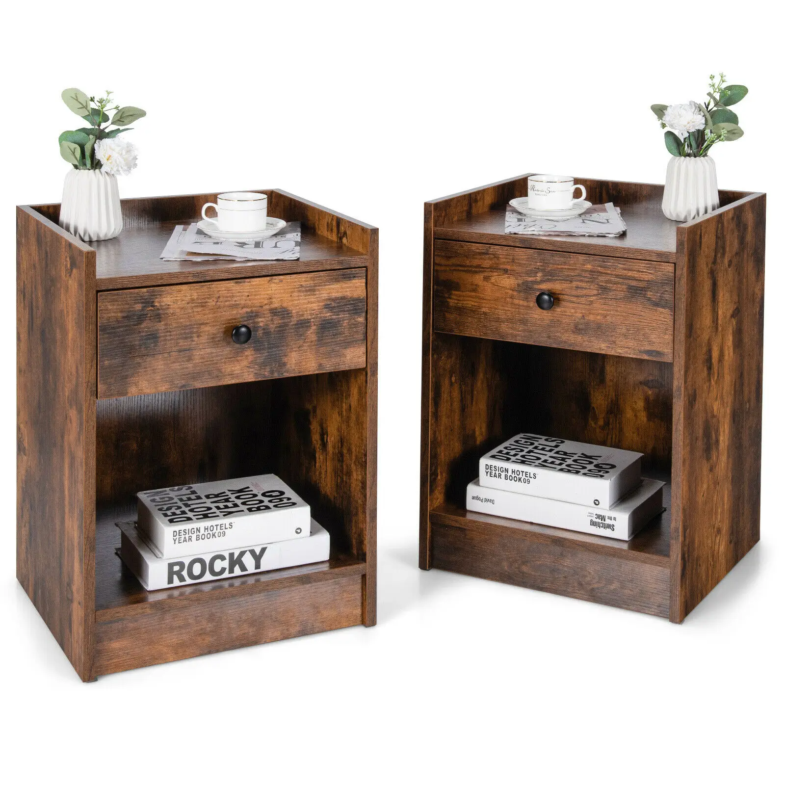 Set of 2 Nightstand with Drawer Cabinet End Side Table Raised Top Rustic