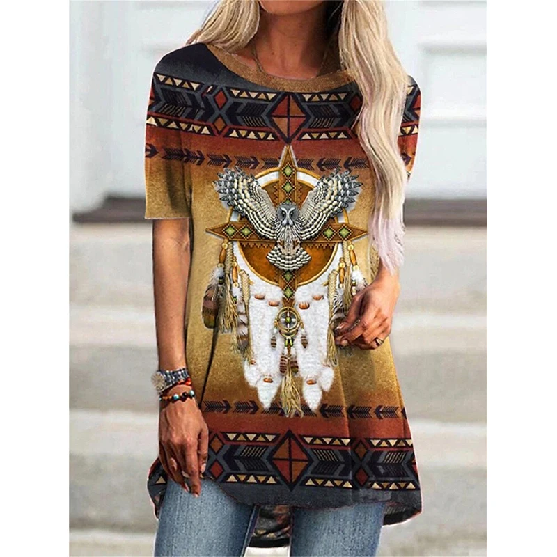 Zachodni aztecki styl etniczny 3D T-shirt z nadrukiem kobiet Streetwear t-shirty z krótkim rękawem Y2K topy kobiety tunika na krótki rękaw szeroka odzież — zdjęcie 4