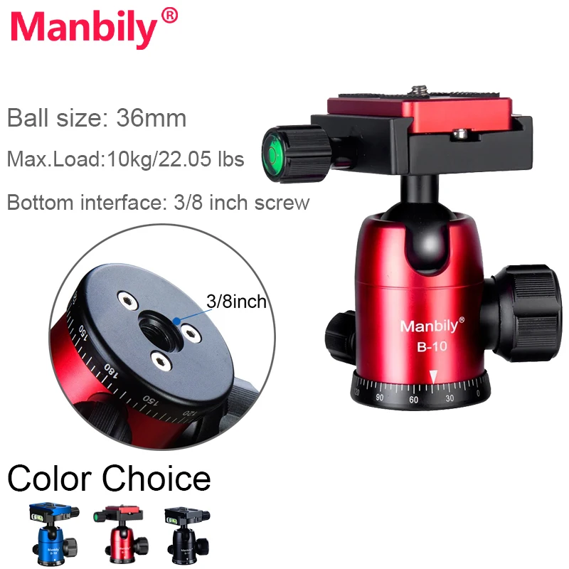 

Manbily B-10 Quick Release Aluminum Tripod Ball Head 36mm Tripod Ball head Max.Load 10kg/22.05 lbs for DSLR Camera Sony