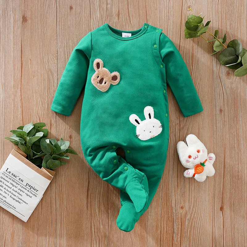 Baby Ankle Jumpsuit Cute Cartoon Rabbit Short Plush Embroidery Comfortable Spring And Autumn Long Sleeves 0-18m Newborn Clothes