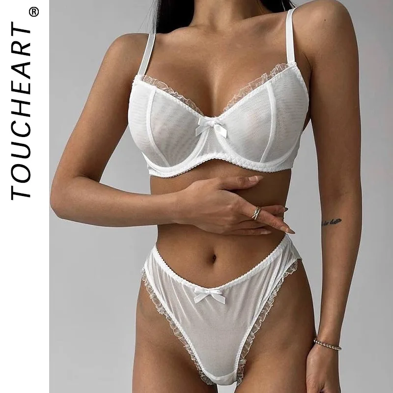 

Toucheart Lace Sexy Lingerie Panty 2PCS Steel Ring Set Slim Plunge See-through Bow Knot Women Interesting Cute RomanticUnderwear