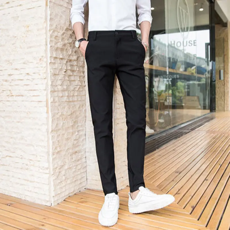 Black Suit Trousers for Men Stretch Slim Fit Cropped Pants Gray Skinny Smart Casual Capri Pants Male Suit Pants Mens Dress Pants