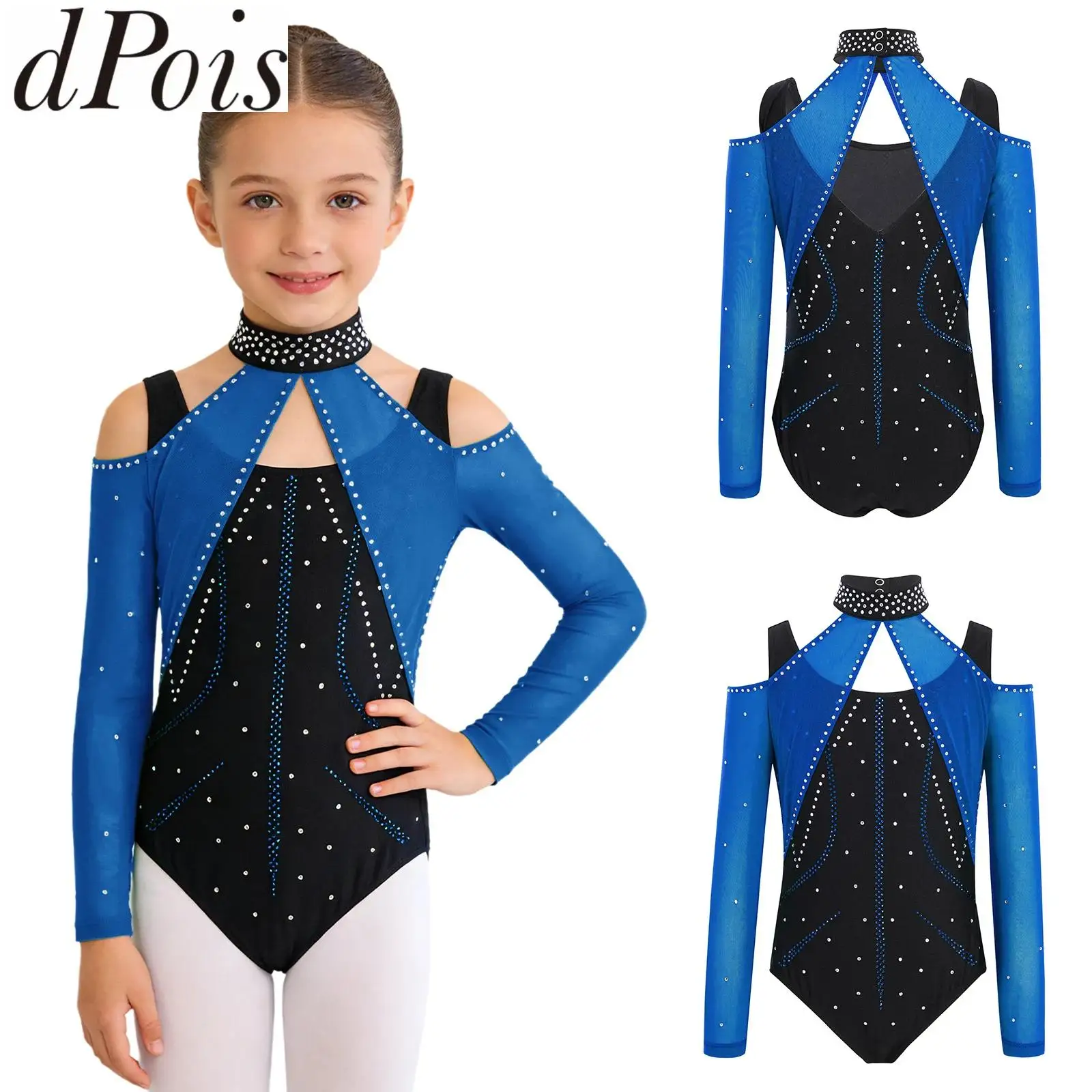 

Kids Girls Acrobatic Gymnastics Leotards Dance Figure Skating Ballet Performance Costume Rhinestones Cutout Mesh Jersey Bodysuit