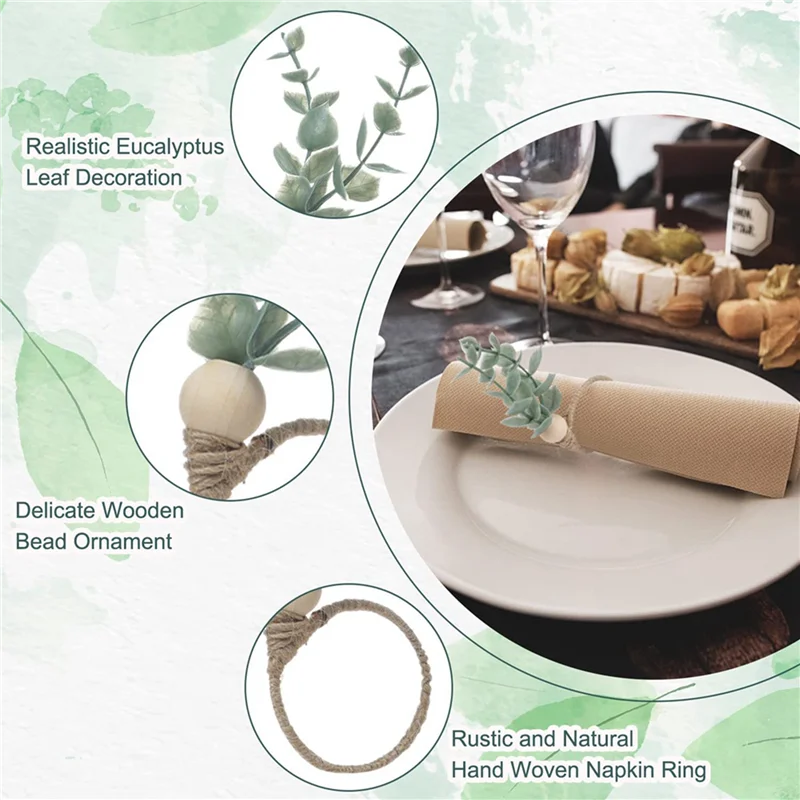 

ABUI-Napkin Rings Set Of 24 Rustic Eucalyptus Wooden Napkin Rings Boho Leaf Wood Bead Farmhouse Napkin Ring Holder