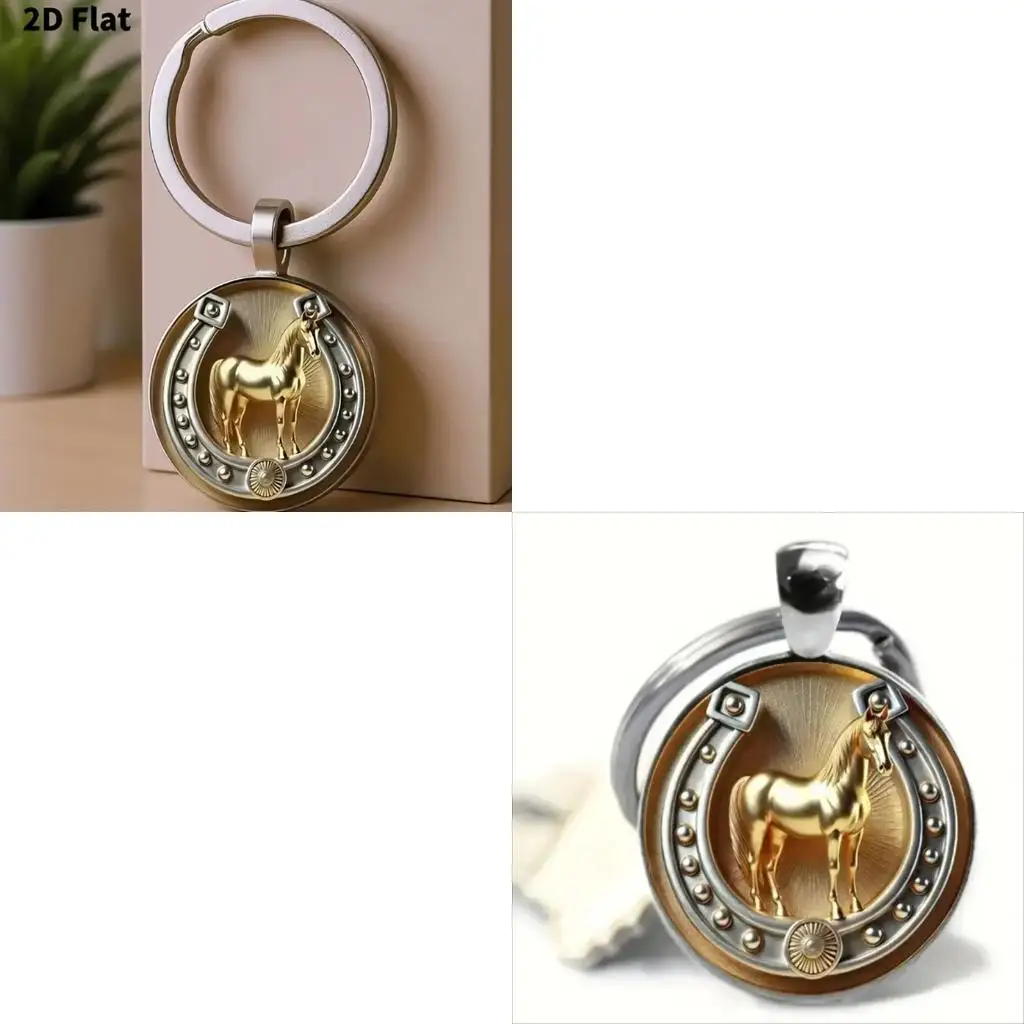 Porte-clés à breloques en fer à cheval 2D revêtu d'or avec gaufrage détaillé pour une utilisation polyvalente comme pendentif