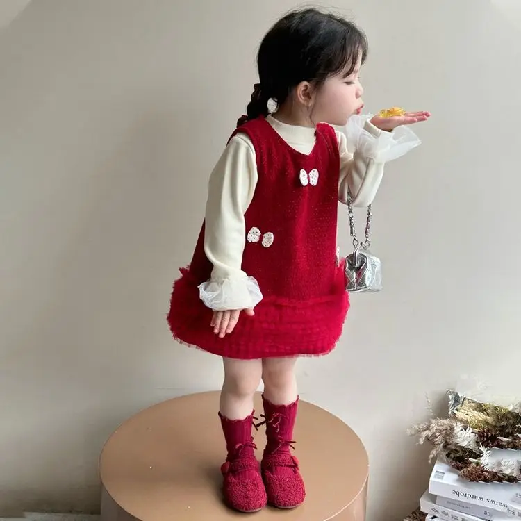 1-8Y Girls Winter 2PCS Clothes Set Solid Lace Cuffs Round Collar Kid Girl Pullover Bow Thicken Velvet Toddler Girl Sundress Suit