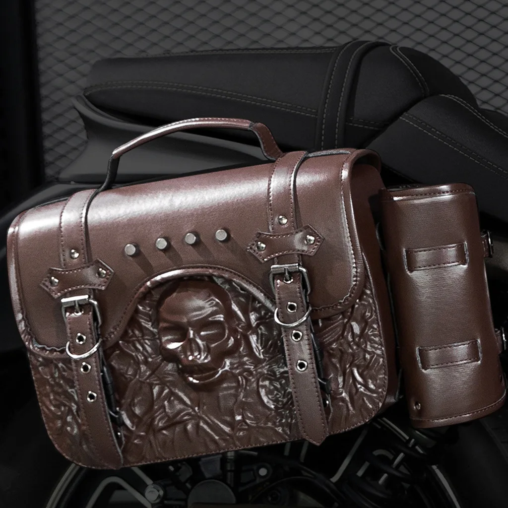 Universal Retro Motorcycle Saddlebag Throwover Saddlebags PU Leather Side Gear Bag with Cup WP Storage Tool Bag for Har ley Moto
