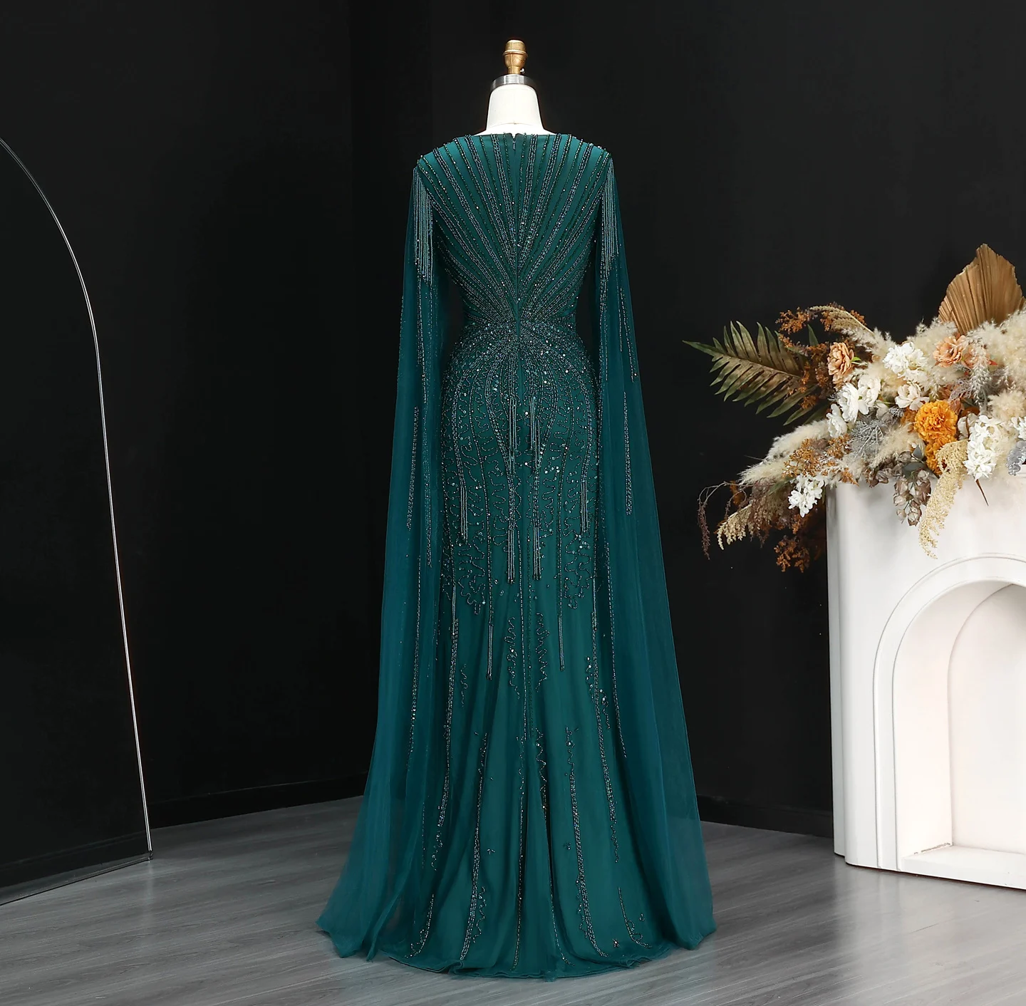 Sharon Said Dubai Luxuriöses Champagner-Meerjungfrauenkleid mit Cape-Ärmeln für Damen, Hochzeitsfeier, Ballkleider SS024, Maßanfertigung – Detail 18