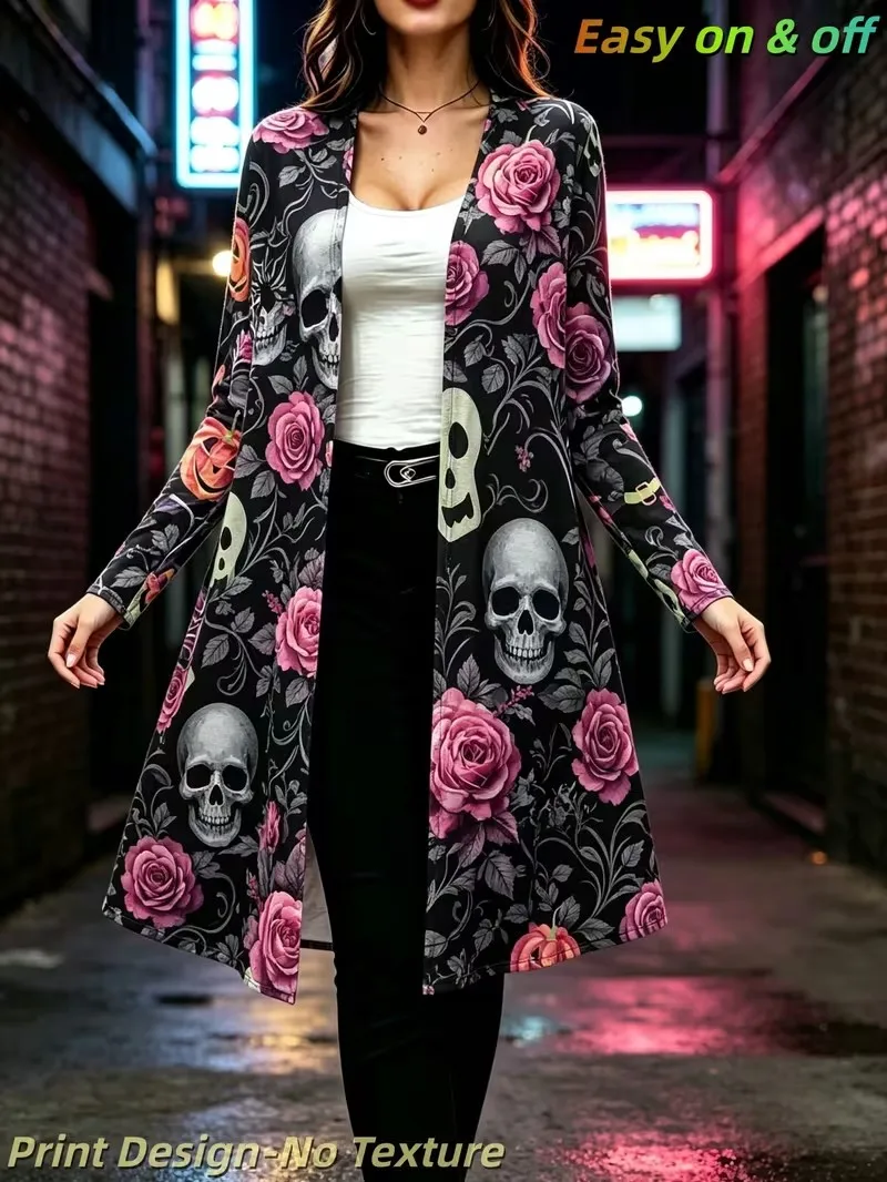 Women Halloween Skull Red Rose Print Long Cardigan Open Front Long Sleeve Shawl Coat Gothic Loose Casual Party Outerwear Autumn
