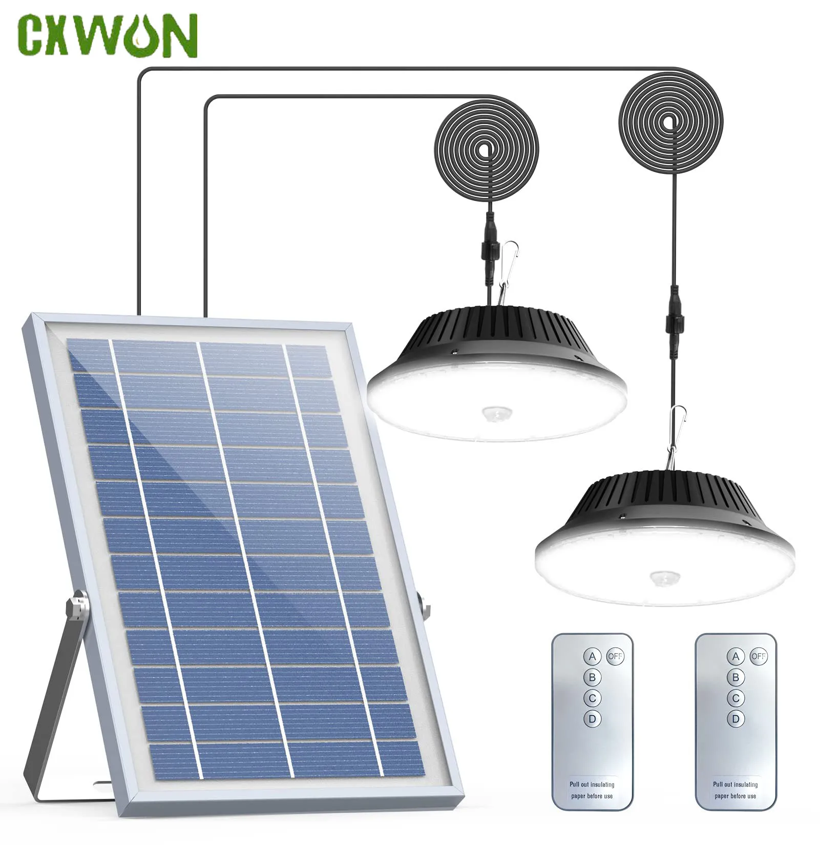 

Solar Panel Pendant Lights with Motion Sensor 4 Modes Lighting Dimmable LED Chandelier Solar Powered Shed Light for Garage Lamp