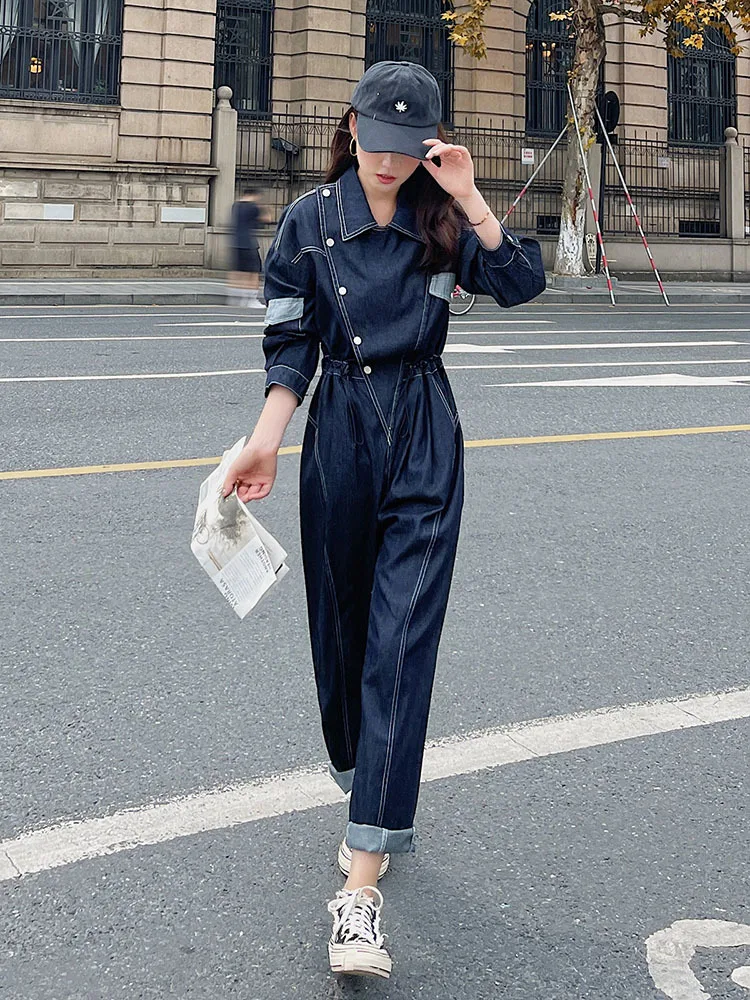 

Long Sleeve Denim Jumpsuit Straight Jeans Overalls for Women Streetwear Hip Hop Slim Casual One Piece Pants Sets