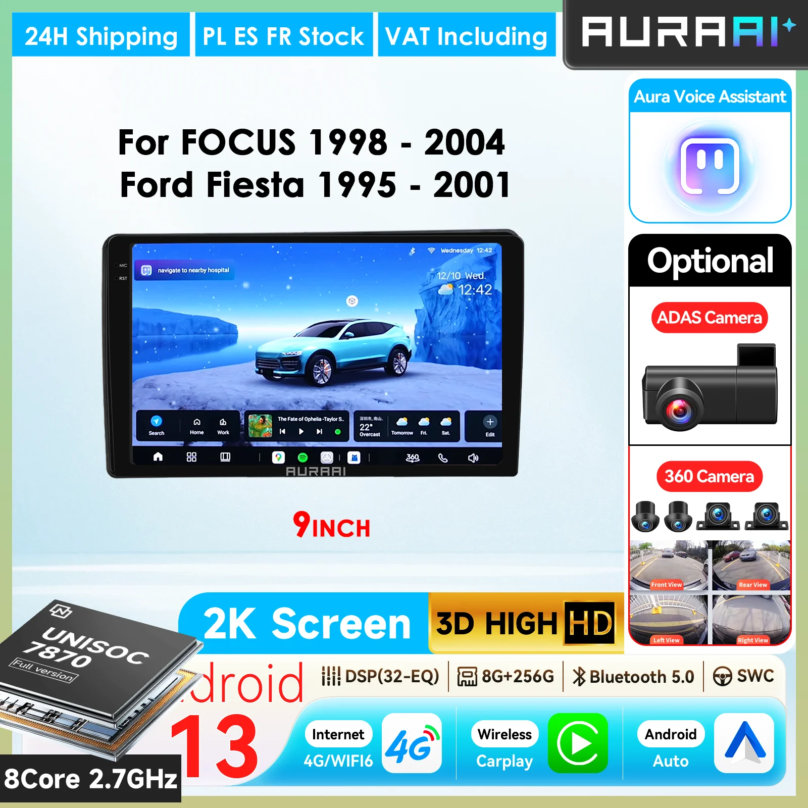 Autoradio intelligent Android AURAAI X100 pour Ford Fiesta IV Focus I 1998 - 2004, Carplay sans fil, lecteur multimédia vidéo, ADAS, caméra 360°, navigation GPS, stéréo 7870, commande vocale IA, 4G Wifi, Bluetooth, unité centrale.