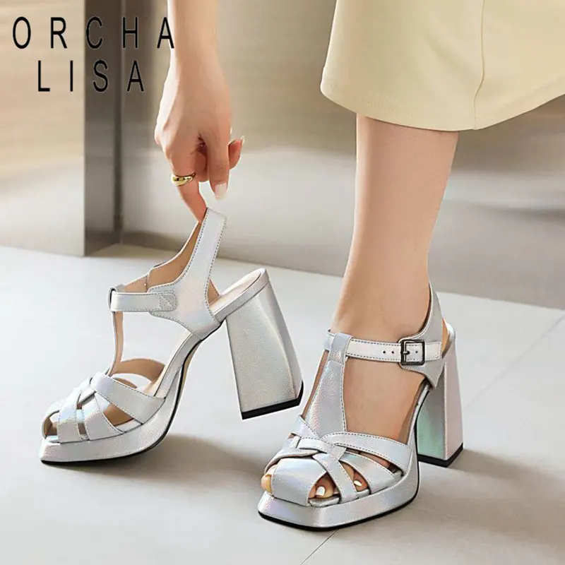 ORCHA LISA New Women Sandals Square Toe Block High Heels 9.5cm Buckle Strap Concise Soft Daily Female Shoes Big Size 43 44 45 46