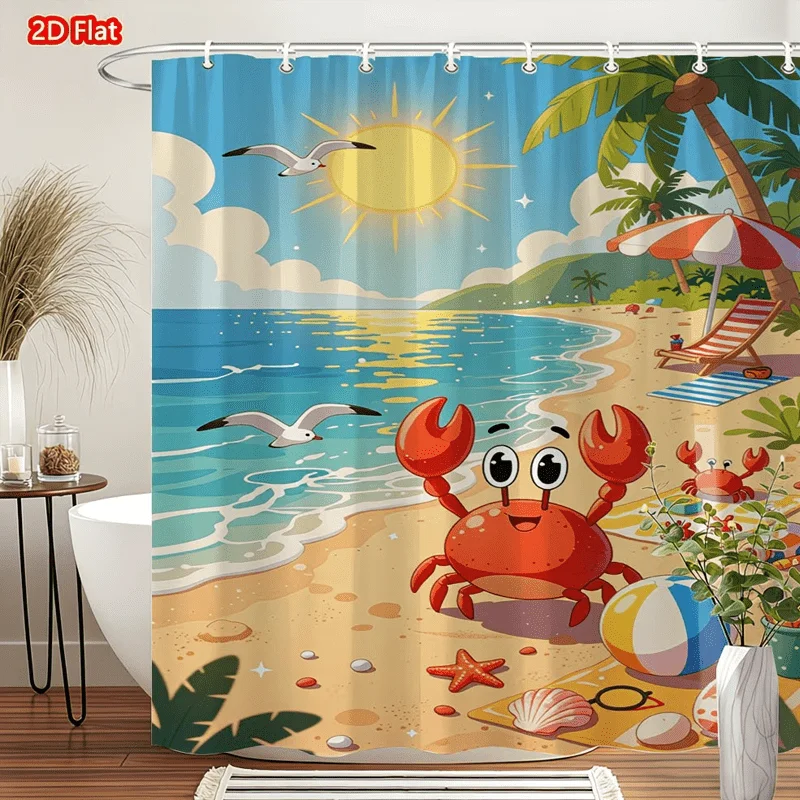 2D Flat, 2D Flat, Cheerful Crabs And Seagulls on Azure Coast Shower Curtain with 12pcs Hooks, Playful And Fun, Multi-Size Availa