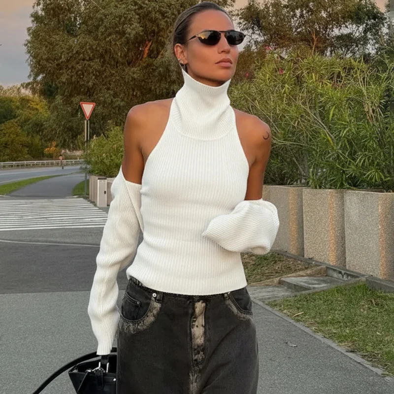 

Ticketsx Two Piece Set Knit Top Women Turtleneck Patchwork Sleeveless Ribbed Shawl Sweater Vest Set Vintage Streetwear Clothing