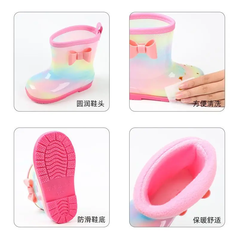 Disney Children's rain shoes Baby girls kindergarten non-slip princess water boots plus fleece children cute rainbow water shoes