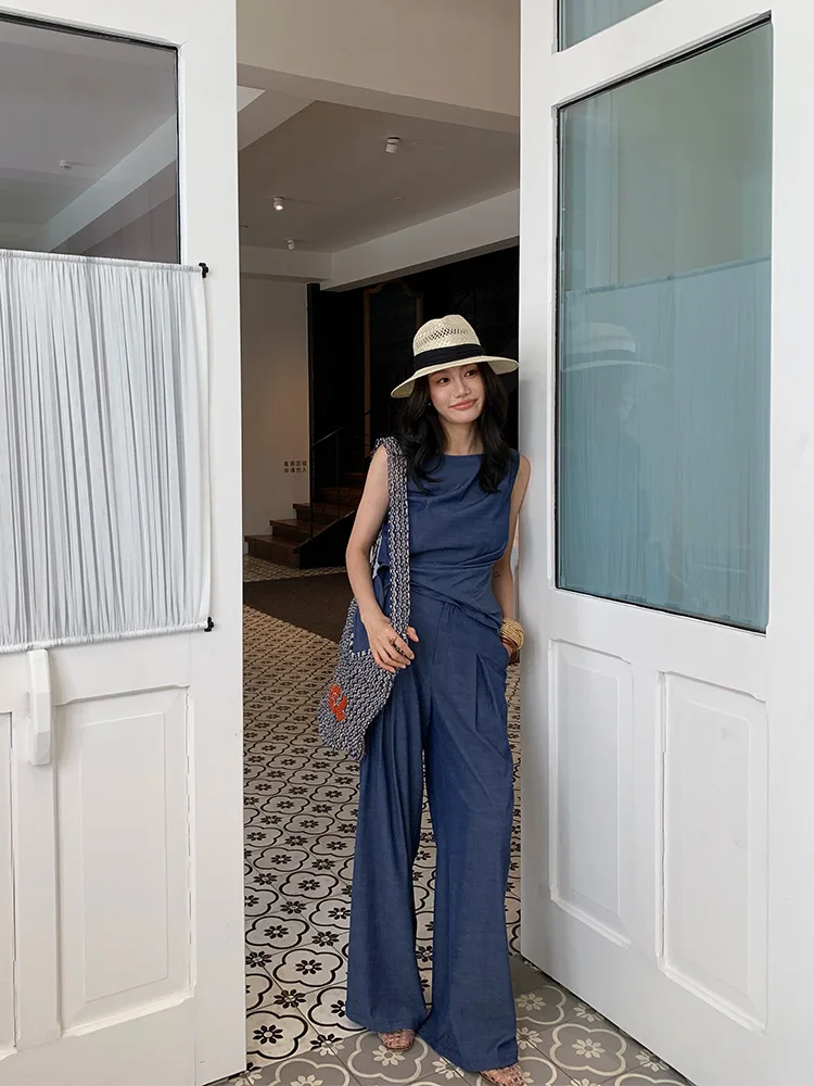 

Longxi'er Lazy Sle Original Design Pleated Svel Top Wide Leg Straight Pants Commute Set J257 Loose Fit Faion Ensemble