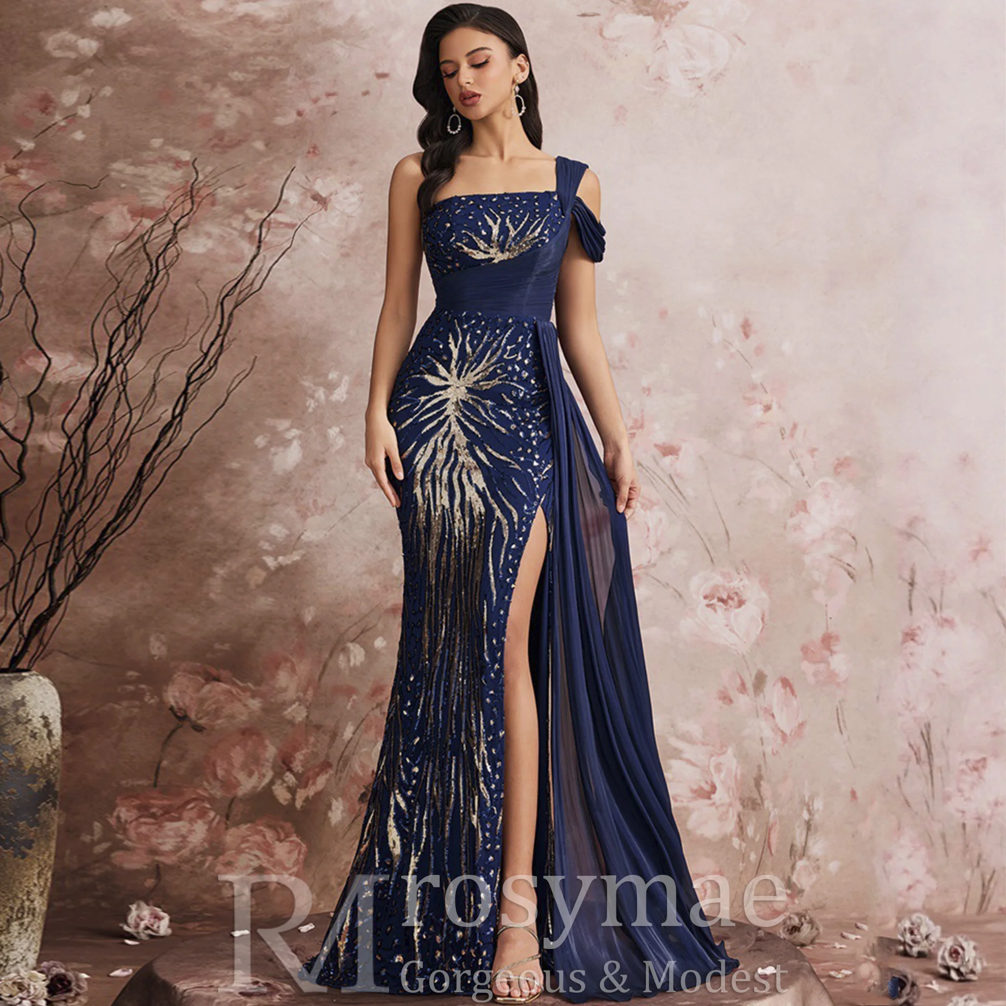 Rosymae One-Shoulder Pailletten Feestjurk Glinsterende Pauwpatroon Lint Accent Verhoogde Avond Cocktail Gala