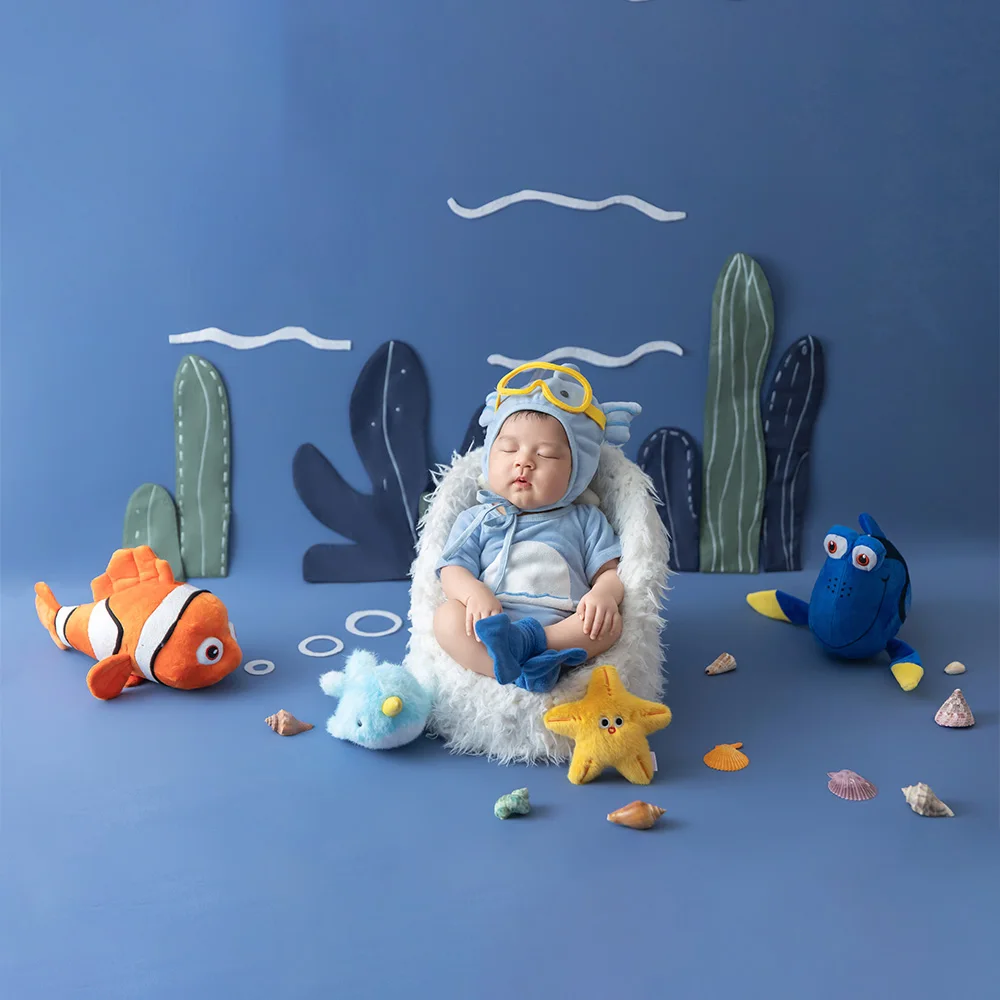Underwater World Theme Newborn Photography Props Cute Little Fish Photo Outfit Kelp Conch Seashell Decor Props for Studio Shoots