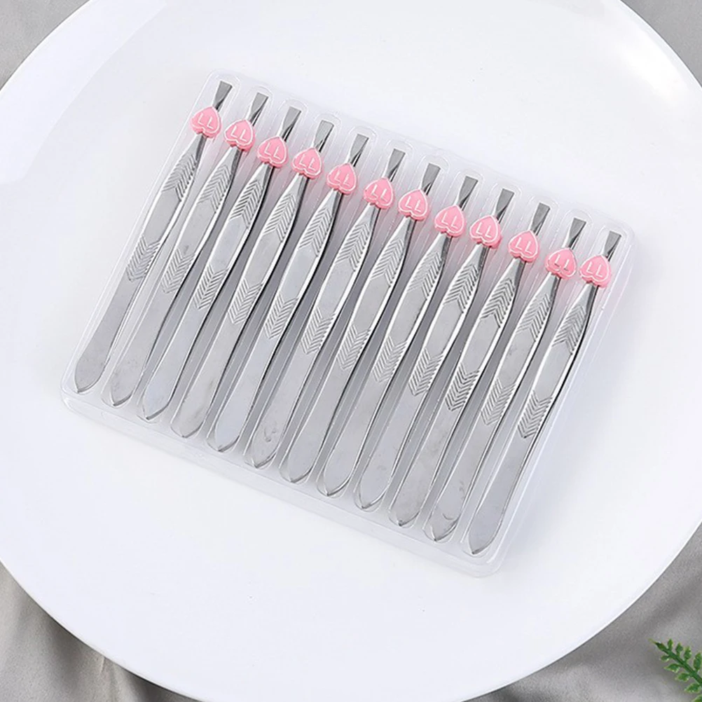 

12Pcs Flat Tip Eyebrow Tweezers Stainless Steel Precision Ingrown Hair Remover Anti-Slip Paint Personal Care Tool