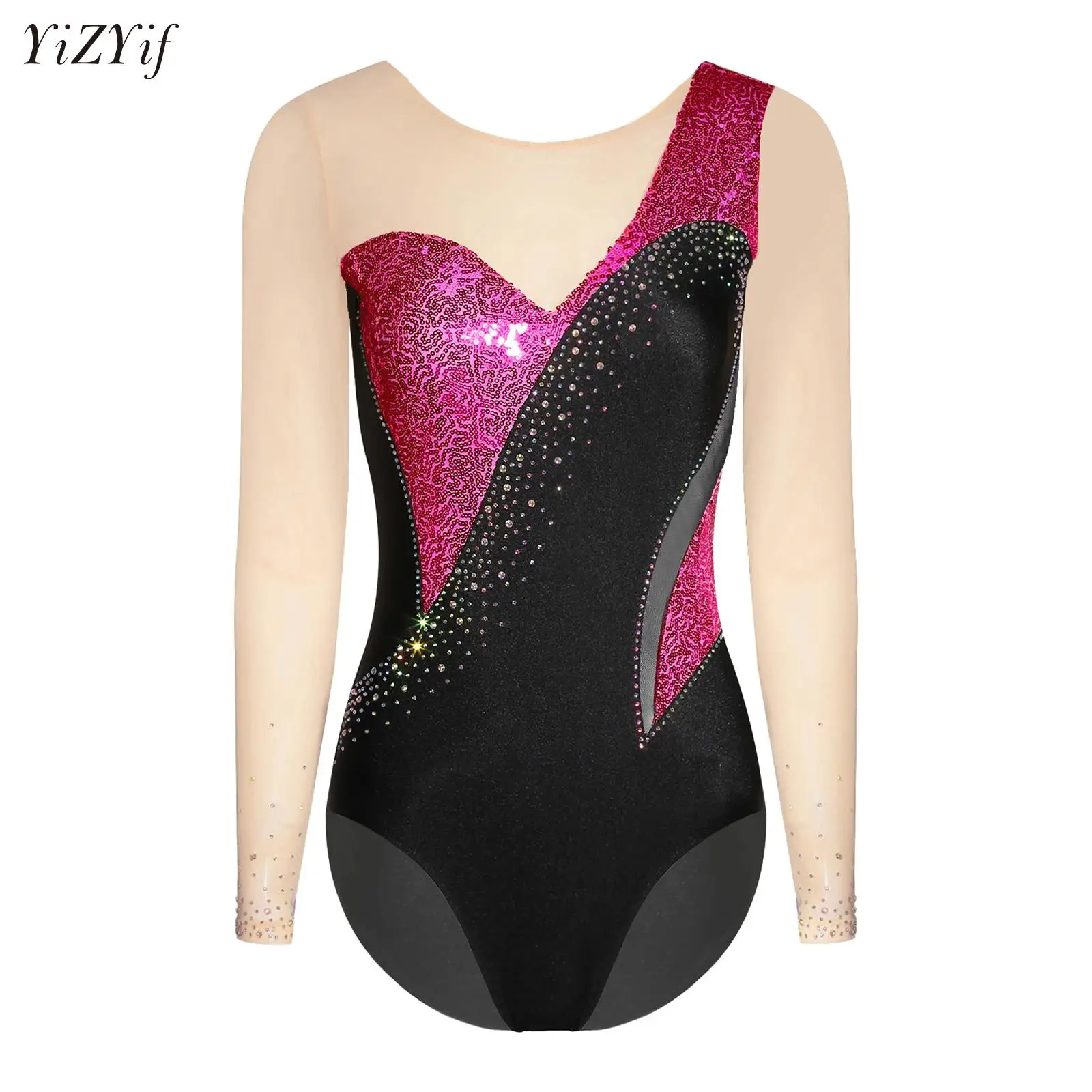 

Womens Adult Rhinestones Jersey Gymnastics Figure Skating Costume Rhythmic Gymnastic Bodysuit Top Latin Ballet Dance Leotards