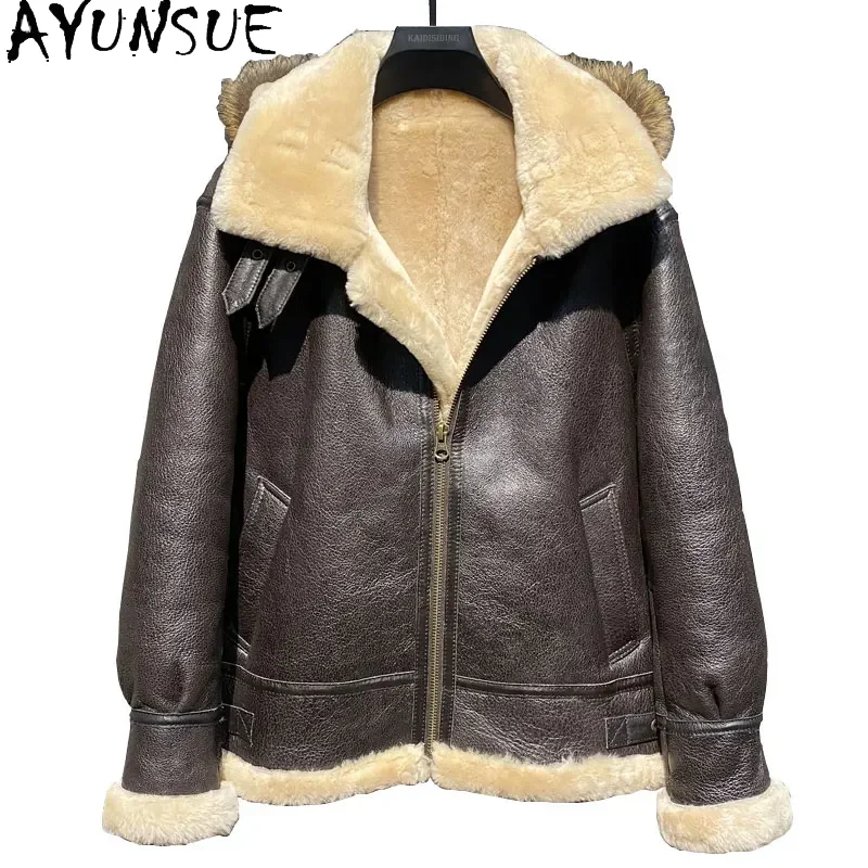 

AYUNSUE Natural Fur Coat Men's Flight Suit Men’s Sheepskin Genuine Leather Motorcycle Jacket Original Fur Men's Jacket Winter FC