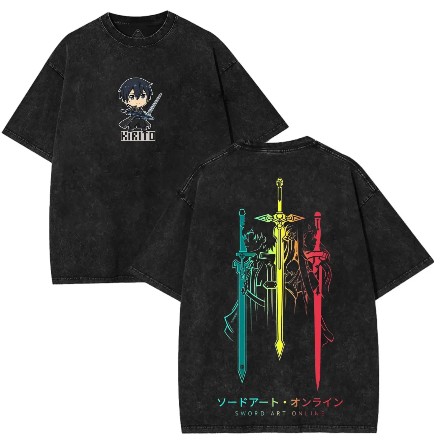 Vintage Washed  Manga Sword Art Online T-shirt Loose T Shirt Men's Clothing Summer O-Neck Short Sleeve Casual Cotton Tees Tops