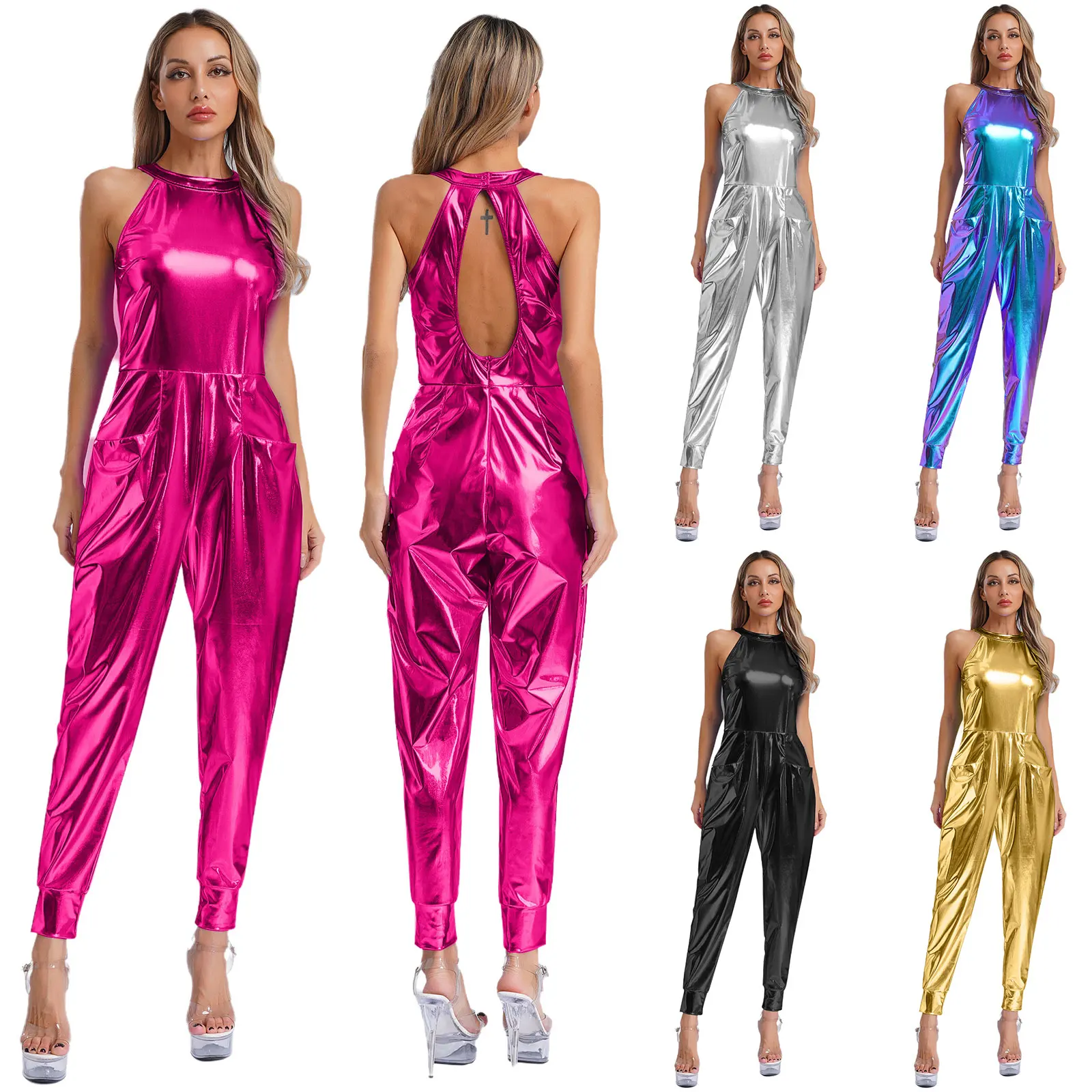 Frauen Shiny Vintage Jazz Walzer Tanz Strampler Aushöhlen Shiny Metallic Body Street Party Fashion Overall Club Disco Tragen