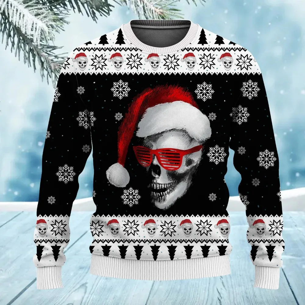 

Christmas Ugly Sweater Red And Black Round Neck Pullover Sweater Christmas Hat Skull Print Winter Men's Sweater Loose Sweater